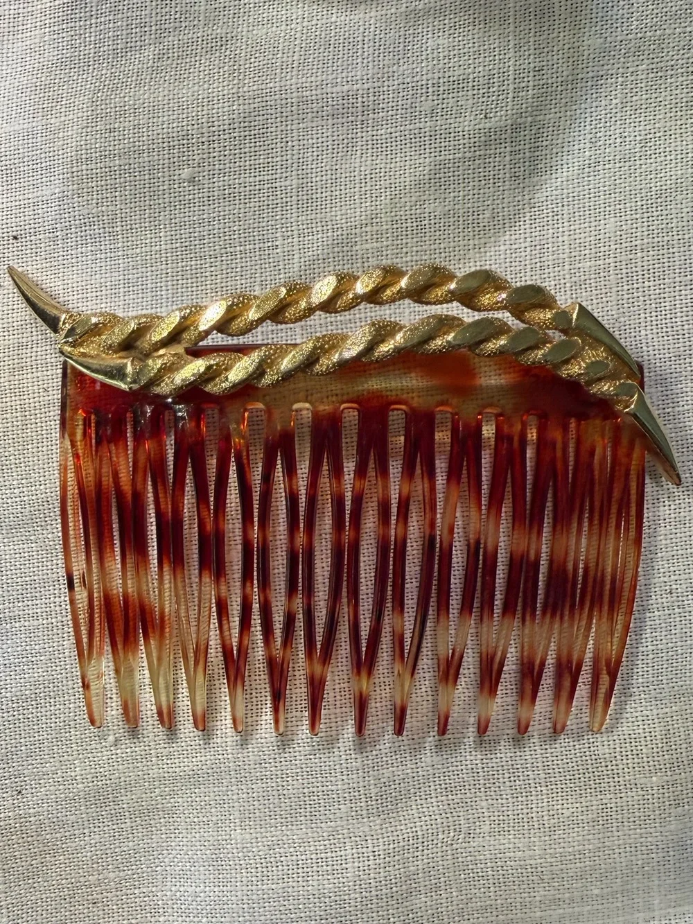 Vintage Tortoiseshell Hair Comb Gold Tone Leaf Mid Century Hair Accessory